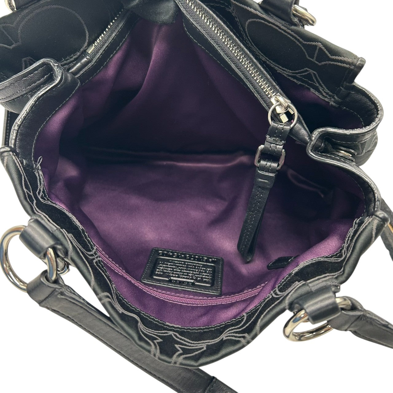 【美品】COACH コーチ トートバッグ ハンドバッグ ワンショルダー オプアート シグネチャー ナイロン レザー ブラック 黒 A4収納可 レディース 通勤通学 ビジネス デイリーユース シルバー金具 エレガント 定番人気 自立可 F15402 s96