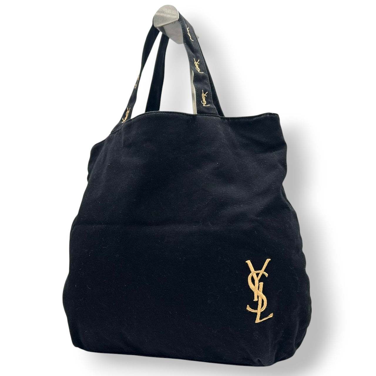 【美品】イヴサンローラン パルファム トートバッグ ハンドバッグ ワンショルダー YSLロゴ 刺繍 キャンバス ブラック 黒 A4収納可 レディース カジュアル デイリーユース ノベルティ Yves Saint Laurent s84