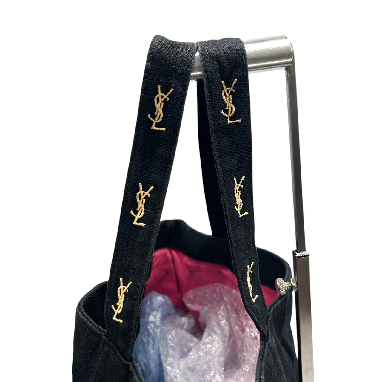 【美品】イヴサンローラン パルファム トートバッグ ハンドバッグ ワンショルダー YSLロゴ 刺繍 キャンバス ブラック 黒 A4収納可 レディース カジュアル デイリーユース ノベルティ Yves Saint Laurent s84