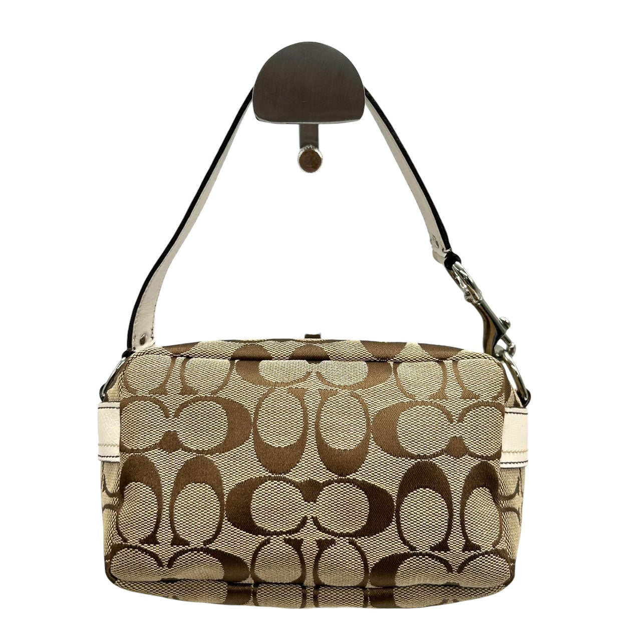 【極美品】COACH コーチ アクセサリーポーチ ハンドバッグ シグネチャー ターンロック キャンバス レザー ブラウン ホワイト レディース コンパクト 可愛い おしゃれ 小物入れ コスメポーチ お出かけ ミニバッグ s84