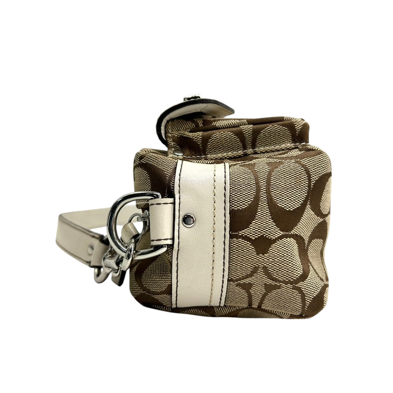 【極美品】COACH コーチ アクセサリーポーチ ハンドバッグ シグネチャー ターンロック キャンバス レザー ブラウン ホワイト レディース コンパクト 可愛い おしゃれ 小物入れ コスメポーチ お出かけ ミニバッグ s84