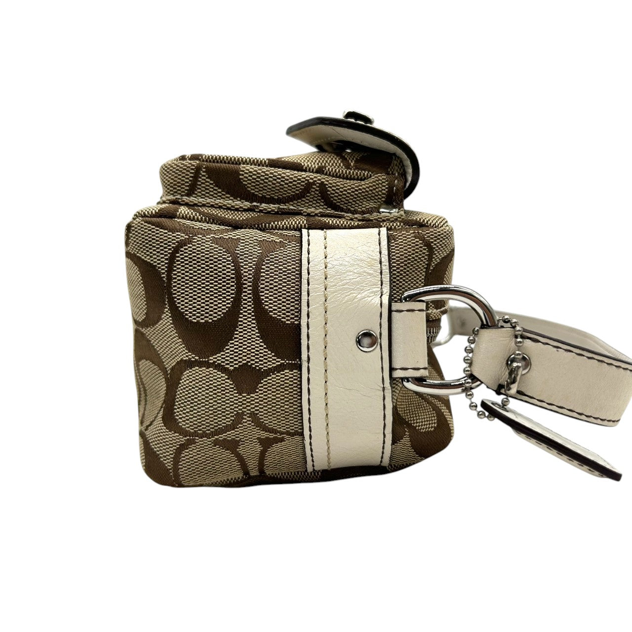 【極美品】COACH コーチ アクセサリーポーチ ハンドバッグ シグネチャー ターンロック キャンバス レザー ブラウン ホワイト レディース コンパクト 可愛い おしゃれ 小物入れ コスメポーチ お出かけ ミニバッグ s84