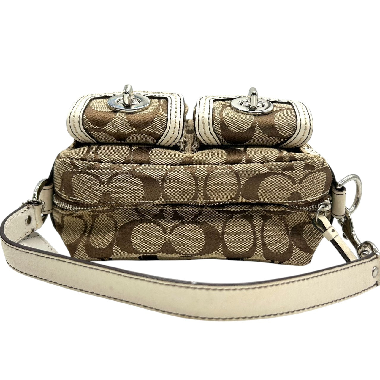 【極美品】COACH コーチ アクセサリーポーチ ハンドバッグ シグネチャー ターンロック キャンバス レザー ブラウン ホワイト レディース コンパクト 可愛い おしゃれ 小物入れ コスメポーチ お出かけ ミニバッグ s84