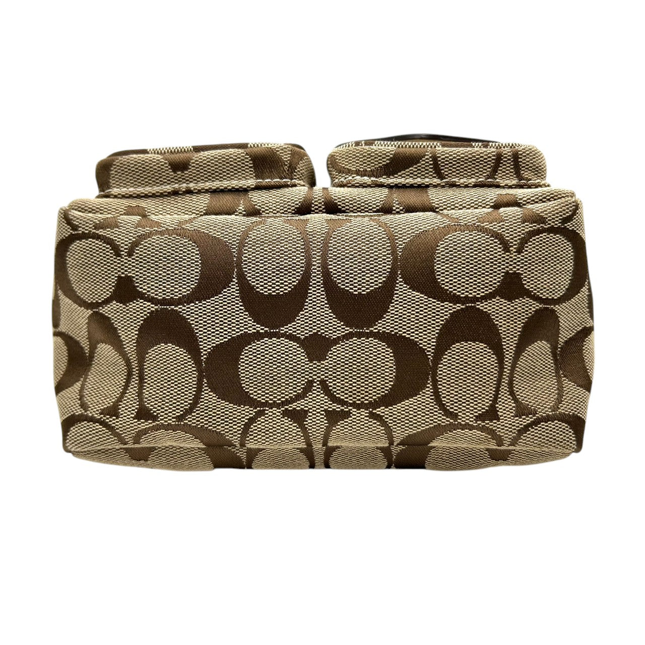 【極美品】COACH コーチ アクセサリーポーチ ハンドバッグ シグネチャー ターンロック キャンバス レザー ブラウン ホワイト レディース コンパクト 可愛い おしゃれ 小物入れ コスメポーチ お出かけ ミニバッグ s84