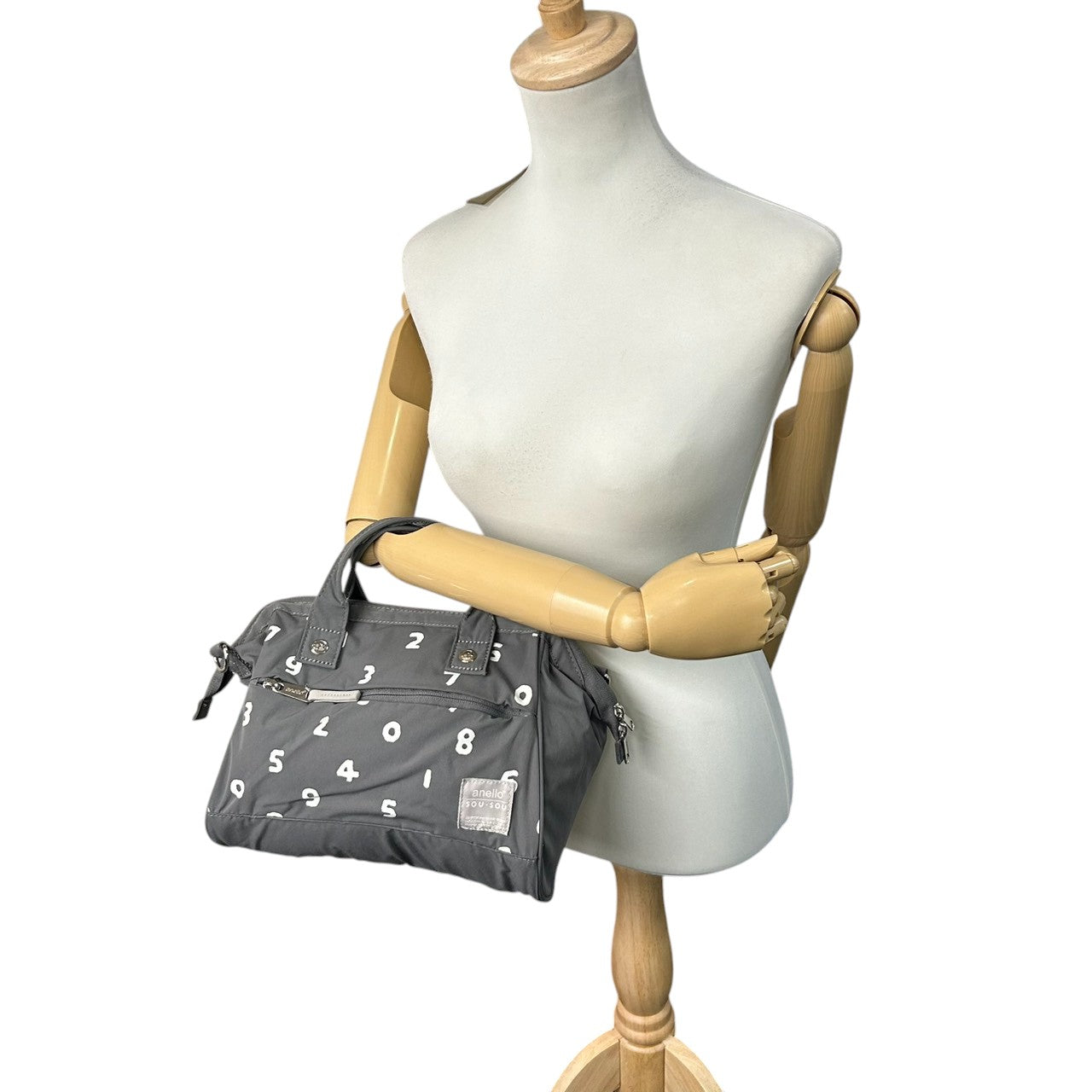 【ほぼ新品】anello アネロ×SOU SOU コラボ 2WAY 口金ミニボストン ショルダーバッグ ハンドバッグ 数字柄 ナイロン グレー 斜め掛け可 大容量 軽量 レディース メンズ 旅行 デイリーユース 京都 s32