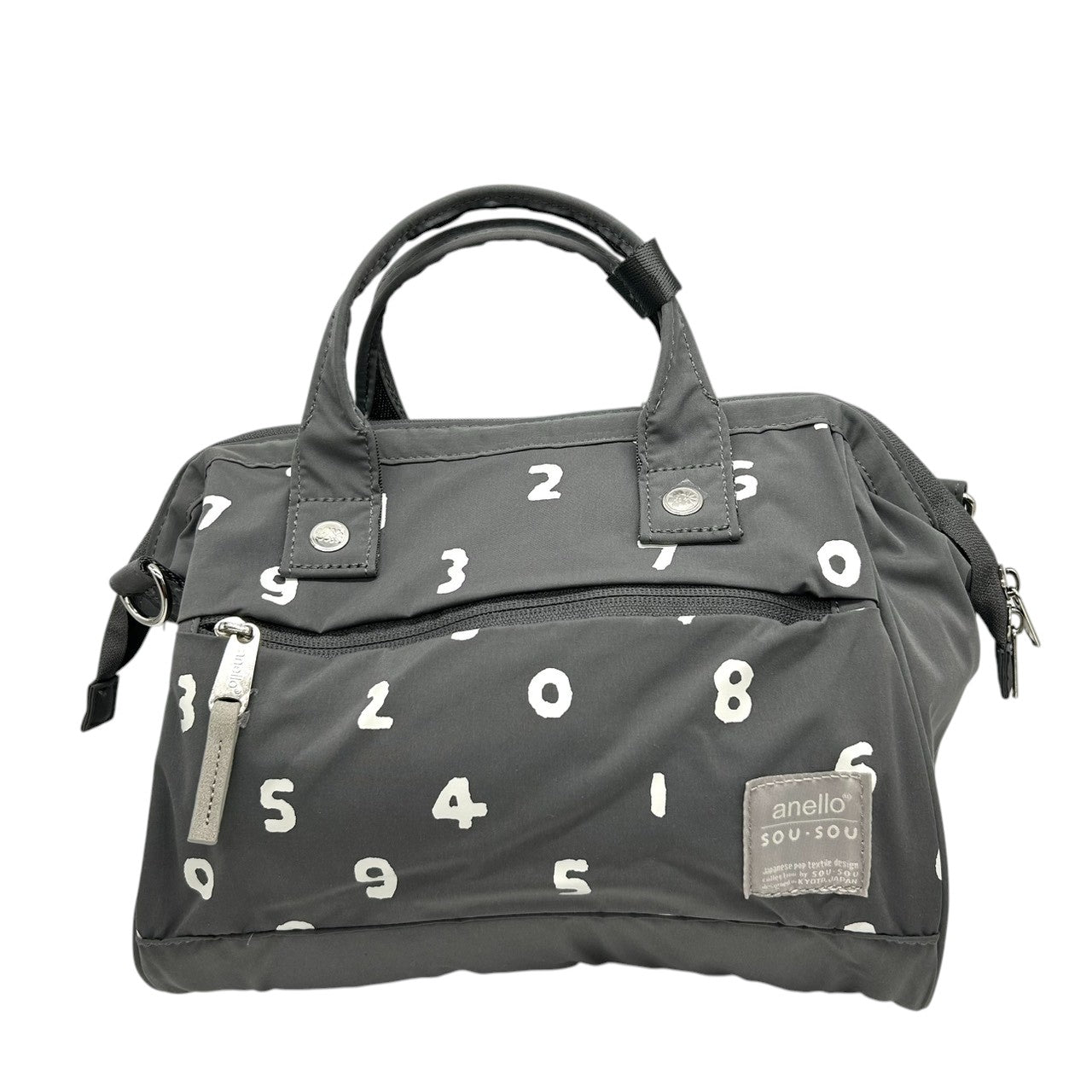 【ほぼ新品】anello アネロ×SOU SOU コラボ 2WAY 口金ミニボストン ショルダーバッグ ハンドバッグ 数字柄 ナイロン グレー 斜め掛け可 大容量 軽量 レディース メンズ 旅行 デイリーユース 京都 s32