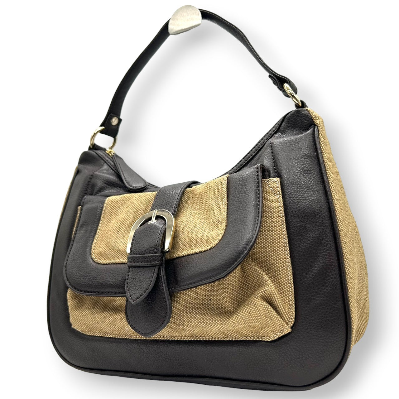 BOSCH ボッシュ ワンショルダーバッグ ハンドバッグ レザー キャンバス 異素材ミックス ブラウン ベージュ ベルトバックル フラップポケット レディース エレガント きれいめ 大人カジュアル 通勤 オフィス 肩掛け デイリーユース U8