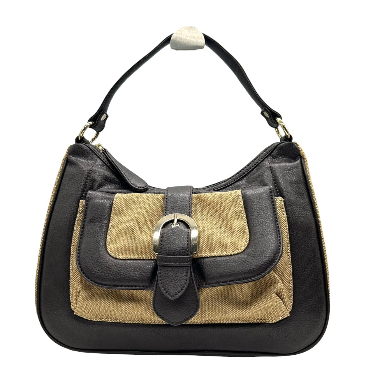 BOSCH ボッシュ ワンショルダーバッグ ハンドバッグ レザー キャンバス 異素材ミックス ブラウン ベージュ ベルトバックル フラップポケット レディース エレガント きれいめ 大人カジュアル 通勤 オフィス 肩掛け デイリーユース U8