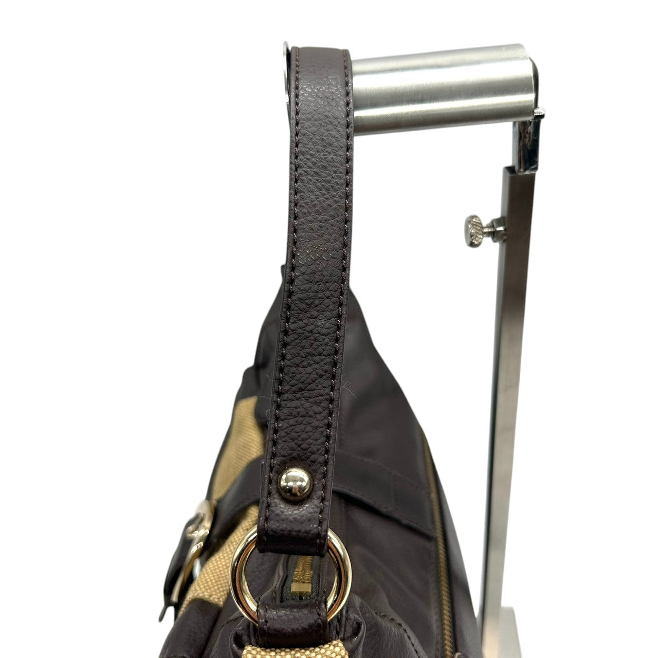 BOSCH ボッシュ ワンショルダーバッグ ハンドバッグ レザー キャンバス 異素材ミックス ブラウン ベージュ ベルトバックル フラップポケット レディース エレガント きれいめ 大人カジュアル 通勤 オフィス 肩掛け デイリーユース U8