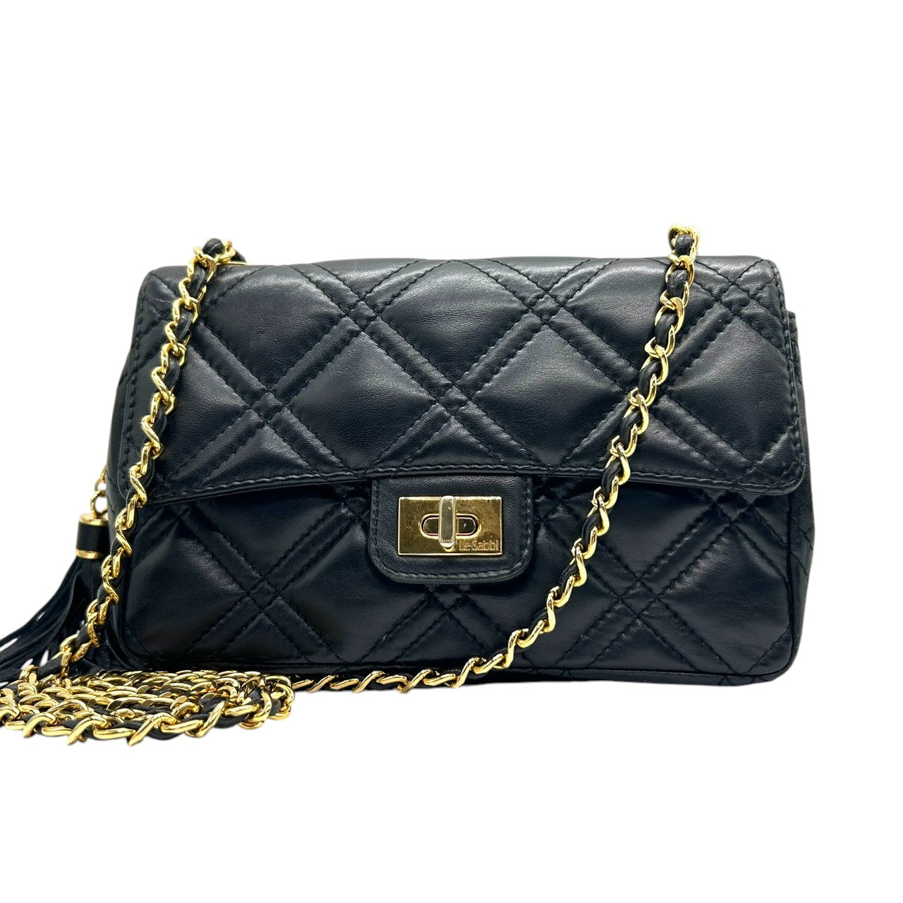 【美品】Le Sabi ルサビ チェーンショルダーバッグ キルティング マトラッセ風 レザー 本革 ブラック ゴールド金具 タッセル 斜め掛け可 クロスボディ レディース エレガント フォーマル パーティ 結婚式 二次会 お呼ばれ 高級感 U8