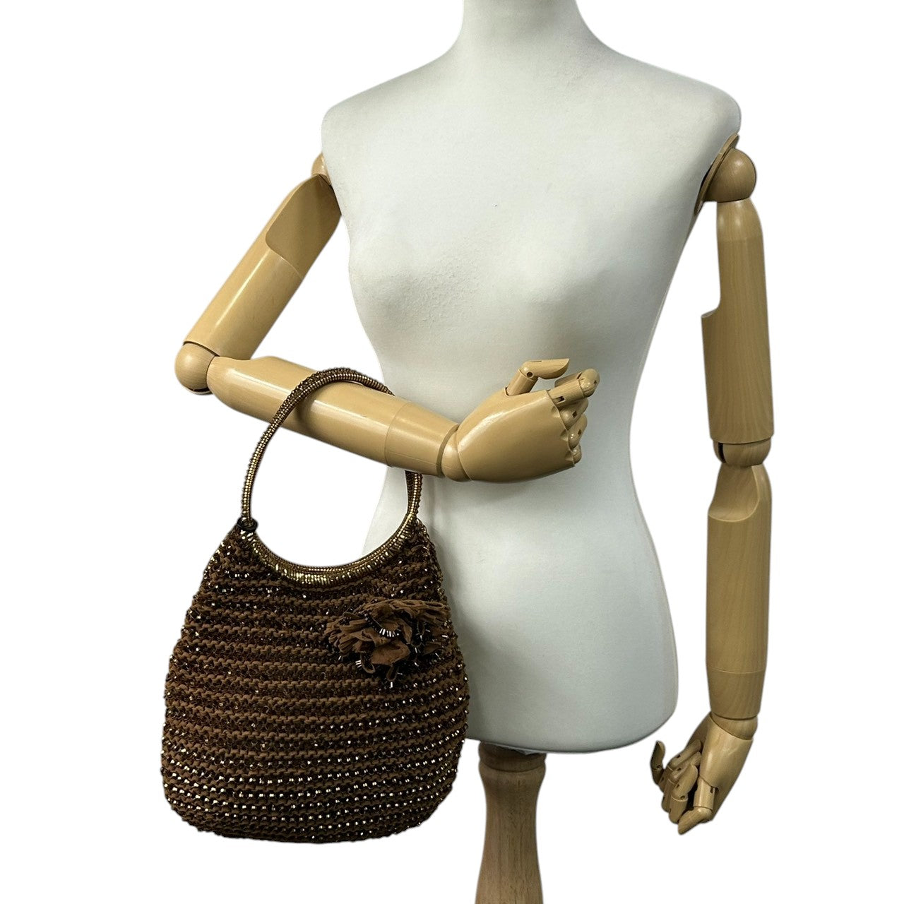 【美品】アンテプリマ ワイヤーバッグ ハンドバッグ ワンショルダー フラワーモチーフ コサージュ ブラウン ゴールド系 ビーズ レディース パーティ 結婚式 二次会 お呼ばれ 和装 エレガント 上品 華やか ゴージャス きらきら ANTEPRIMA s63