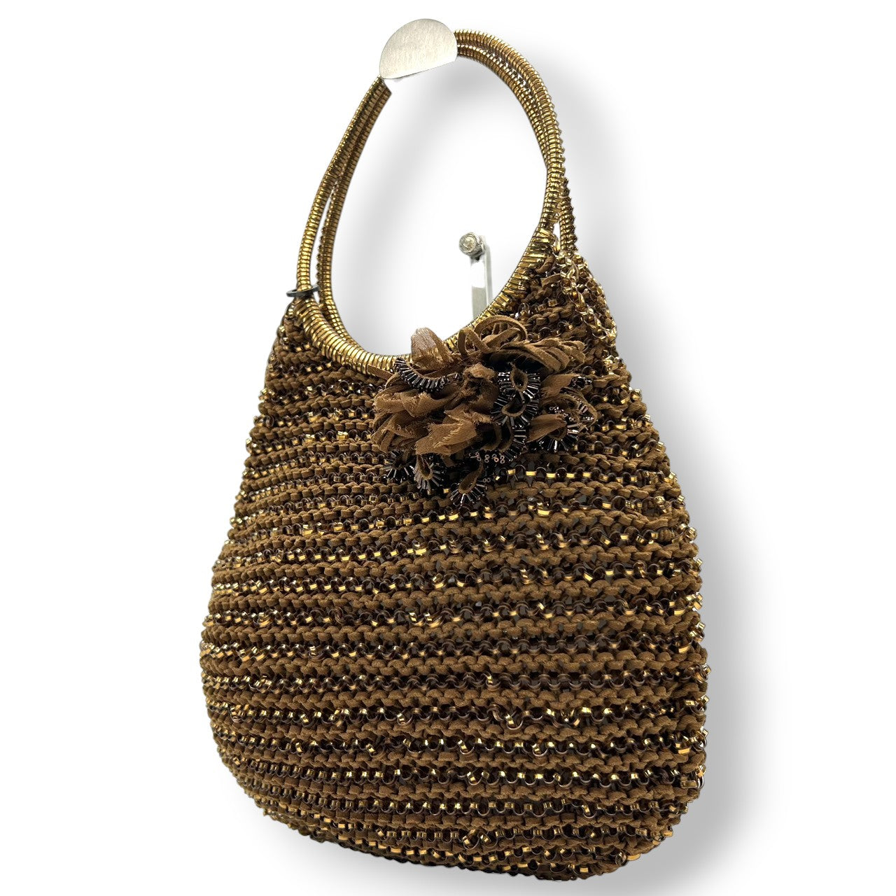 【美品】アンテプリマ ワイヤーバッグ ハンドバッグ ワンショルダー フラワーモチーフ コサージュ ブラウン ゴールド系 ビーズ レディース パーティ 結婚式 二次会 お呼ばれ 和装 エレガント 上品 華やか ゴージャス きらきら ANTEPRIMA s63