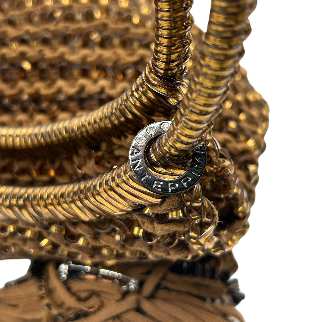 【美品】アンテプリマ ワイヤーバッグ ハンドバッグ ワンショルダー フラワーモチーフ コサージュ ブラウン ゴールド系 ビーズ レディース パーティ 結婚式 二次会 お呼ばれ 和装 エレガント 上品 華やか ゴージャス きらきら ANTEPRIMA s63