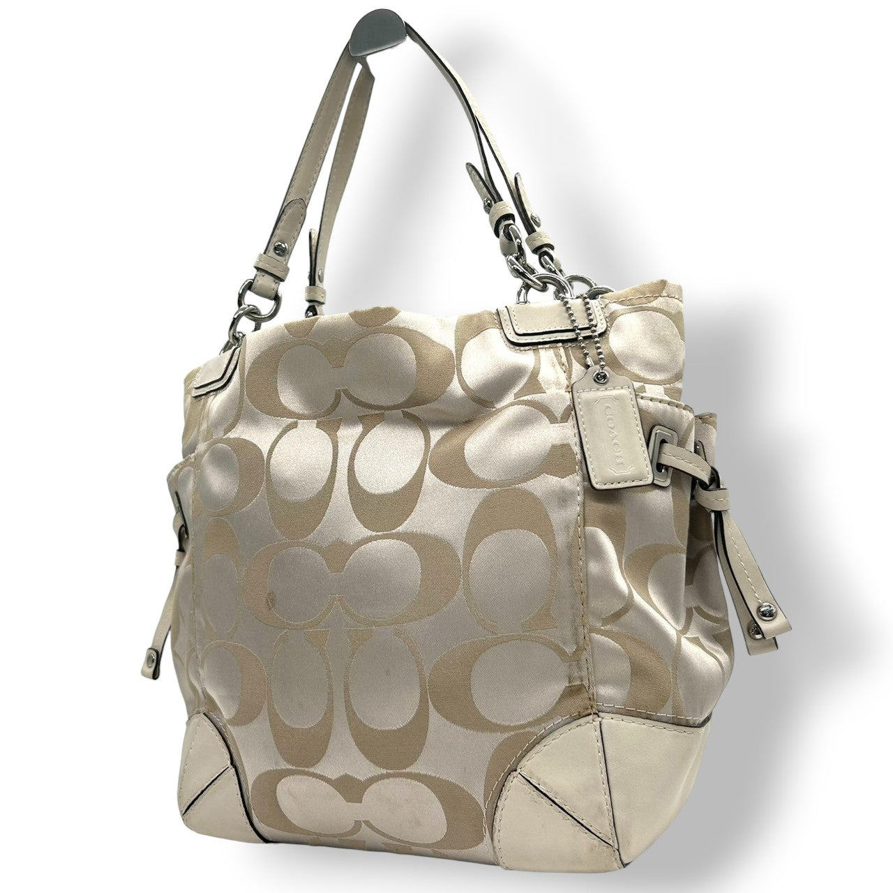 コーチ トートバッグ ハンドバッグ ワンショルダー シグネチャー ナイロン レザー ベージュ アイボリー A4収納可 大容量 軽量 レディース 通勤 通学 ビジネス デイリーユース エレガント きれいめ 上品 サイドポケット 定番人気モデル 14505 s61