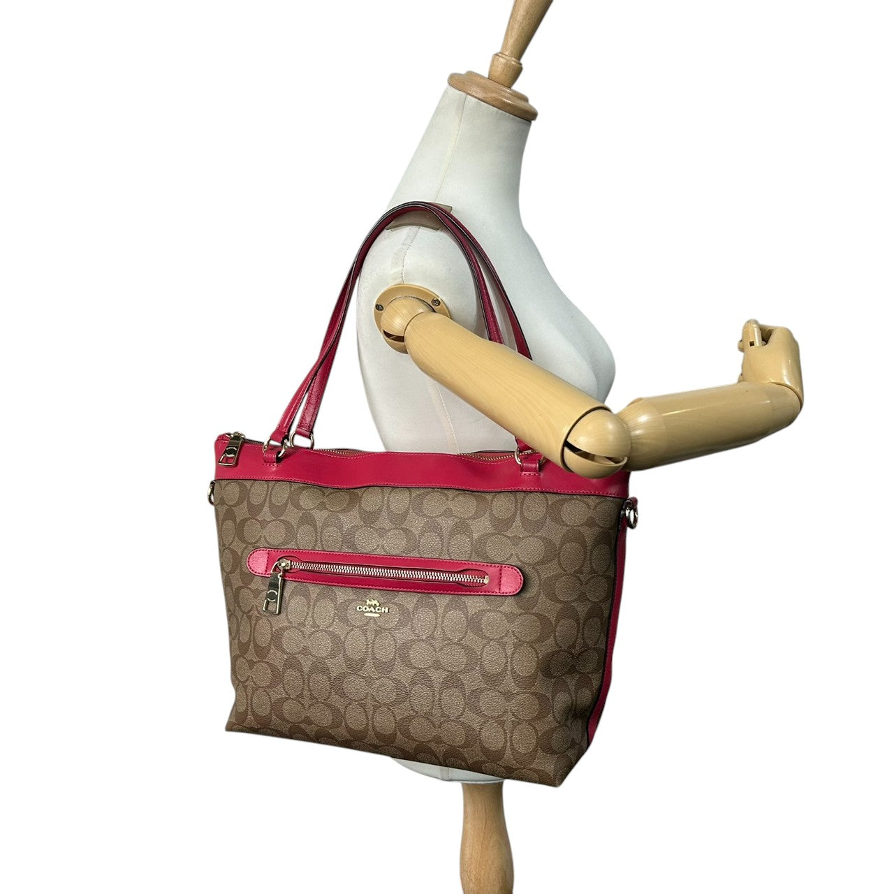 【美品】コーチ 2WAY トートバッグ ショルダーバッグ シグネチャー PVC レザー ブラウン レッド系 バイカラー A4可 大容量 斜め掛け 肩掛け レディース 通勤 通学 ビジネス フェミニン COACH F58286 U4