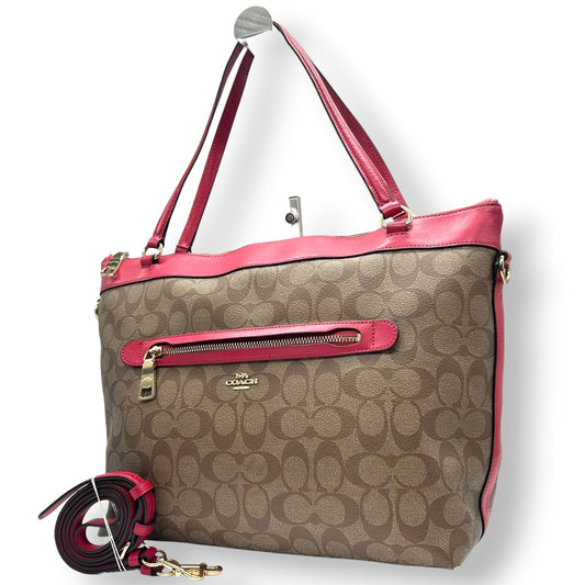 【美品】コーチ 2WAY トートバッグ ショルダーバッグ シグネチャー PVC レザー ブラウン レッド系 バイカラー A4可 大容量 斜め掛け 肩掛け レディース 通勤 通学 ビジネス フェミニン COACH F58286 U4