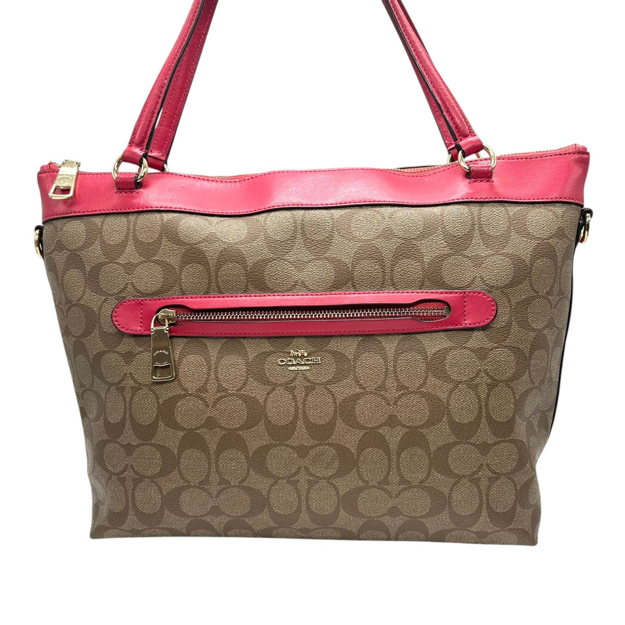 【美品】コーチ 2WAY トートバッグ ショルダーバッグ シグネチャー PVC レザー ブラウン レッド系 バイカラー A4可 大容量 斜め掛け 肩掛け レディース 通勤 通学 ビジネス フェミニン COACH F58286 U4