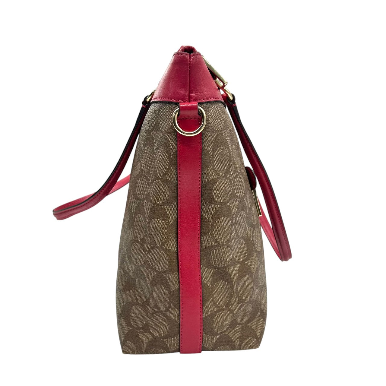 【美品】コーチ 2WAY トートバッグ ショルダーバッグ シグネチャー PVC レザー ブラウン レッド系 バイカラー A4可 大容量 斜め掛け 肩掛け レディース 通勤 通学 ビジネス フェミニン COACH F58286 U4