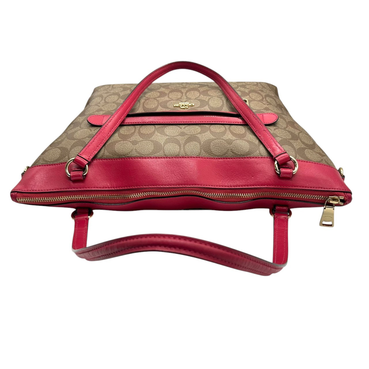 【美品】コーチ 2WAY トートバッグ ショルダーバッグ シグネチャー PVC レザー ブラウン レッド系 バイカラー A4可 大容量 斜め掛け 肩掛け レディース 通勤 通学 ビジネス フェミニン COACH F58286 U4