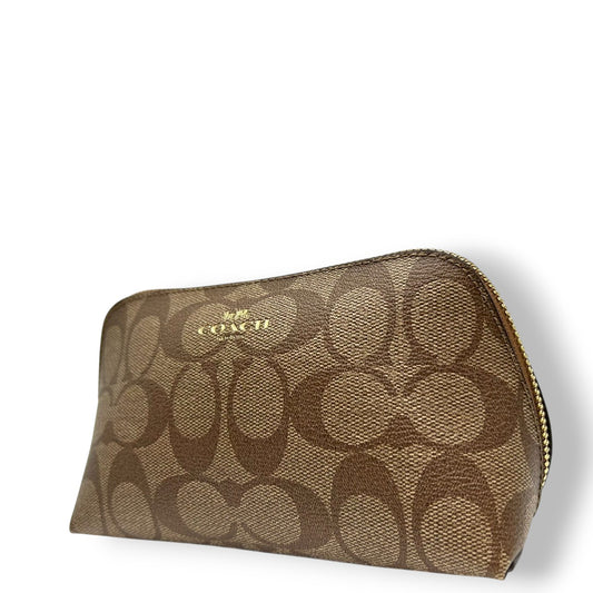 【美品】COACH コーチ ポーチ 化粧ポーチ コスメポーチ シグネチャー Cロゴ 総柄 PVC ブラウン 舟形 小物入れ トラベル バッグインバッグ レディース 定番人気 コンパクト 軽量 おしゃれ 大人可愛い F53385 s83