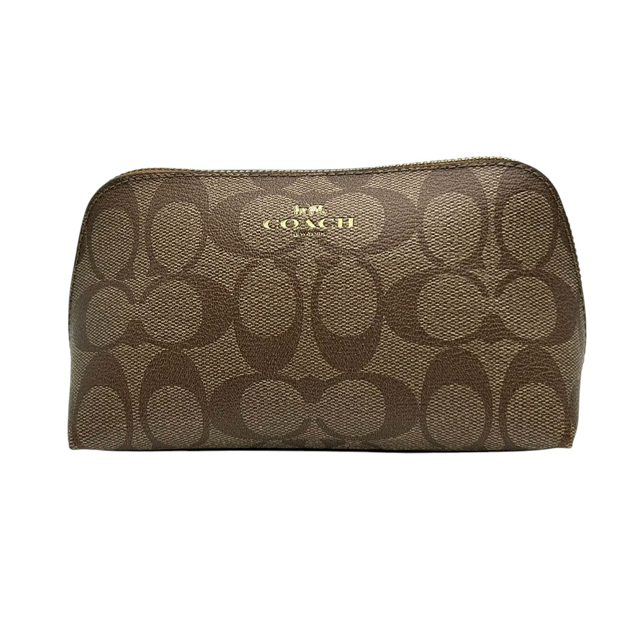 【美品】COACH コーチ ポーチ 化粧ポーチ コスメポーチ シグネチャー Cロゴ 総柄 PVC ブラウン 舟形 小物入れ トラベル バッグインバッグ レディース 定番人気 コンパクト 軽量 おしゃれ 大人可愛い F53385 s83