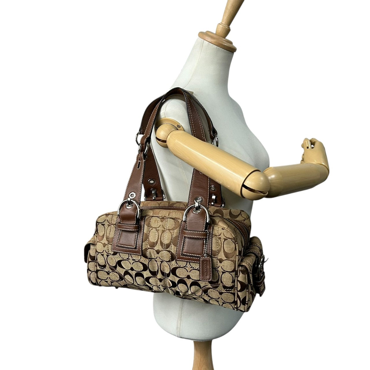 コーチ ハンドバッグ Y2K 00s vintage ワンショルダーバッグ シグネチャー ミニボストン キャンバス レザー ブラウン レディース 肩掛け 定番人気 クラシック エレガント カジュアル サイドポケット ベルトデザイン COACH 10078 s83