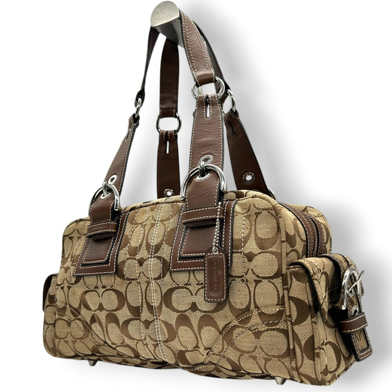 コーチ ハンドバッグ Y2K 00s vintage ワンショルダーバッグ シグネチャー ミニボストン キャンバス レザー ブラウン レディース 肩掛け 定番人気 クラシック エレガント カジュアル サイドポケット ベルトデザイン COACH 10078 s83