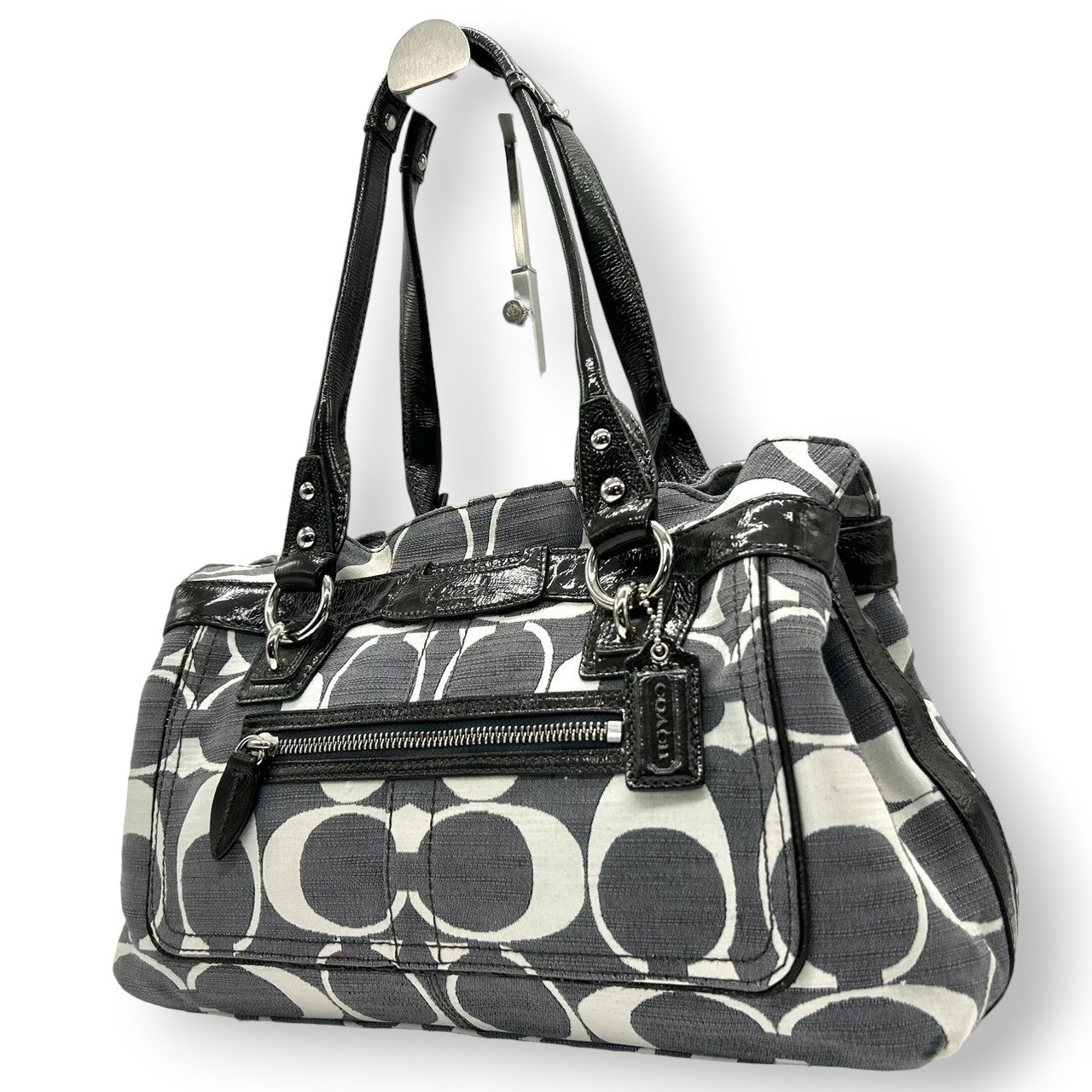 コーチ ハンドバッグ ワンショルダー オプアート シグネチャー キャンバス パテントレザー グレー ブラック レディース 肩掛け 通勤 通学 カジュアル スタイリッシュ モノトーン デザイン性 人気モデル COACH 13290 s82