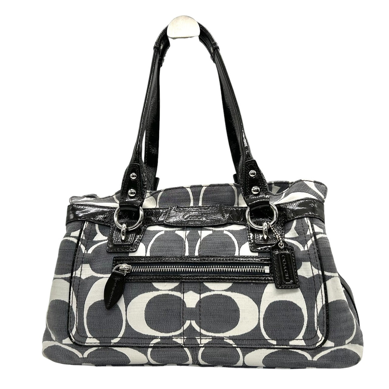 コーチ ハンドバッグ ワンショルダー オプアート シグネチャー キャンバス パテントレザー グレー ブラック レディース 肩掛け 通勤 通学 カジュアル スタイリッシュ モノトーン デザイン性 人気モデル COACH 13290 s82