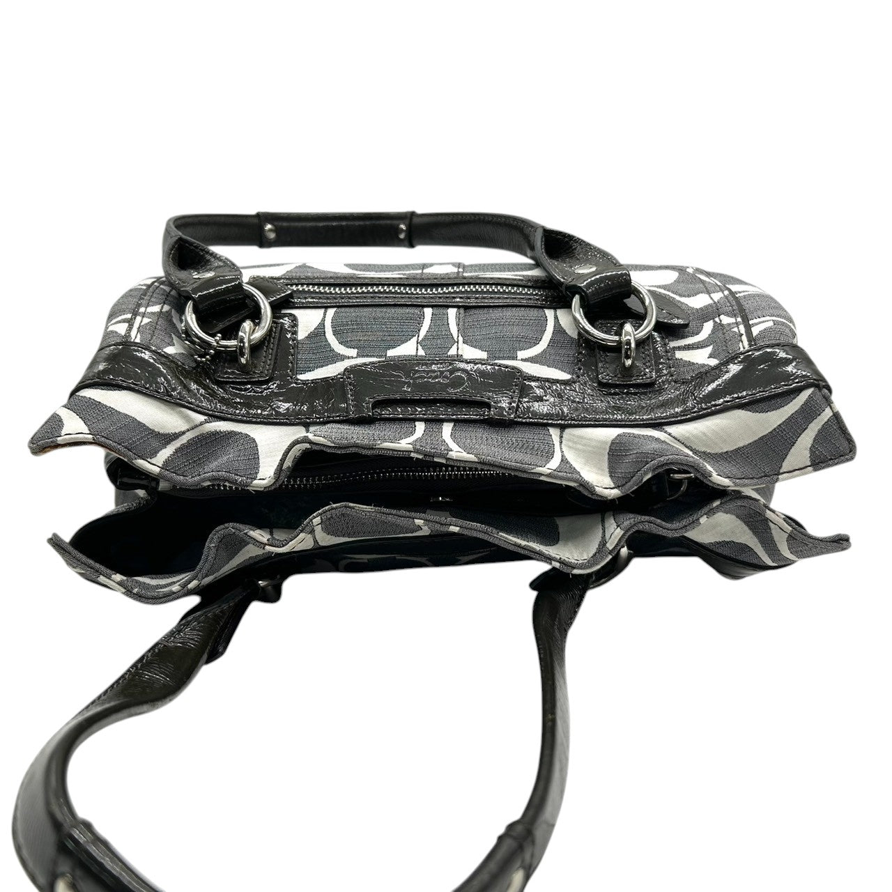 コーチ ハンドバッグ ワンショルダー オプアート シグネチャー キャンバス パテントレザー グレー ブラック レディース 肩掛け 通勤 通学 カジュアル スタイリッシュ モノトーン デザイン性 人気モデル COACH 13290 s82