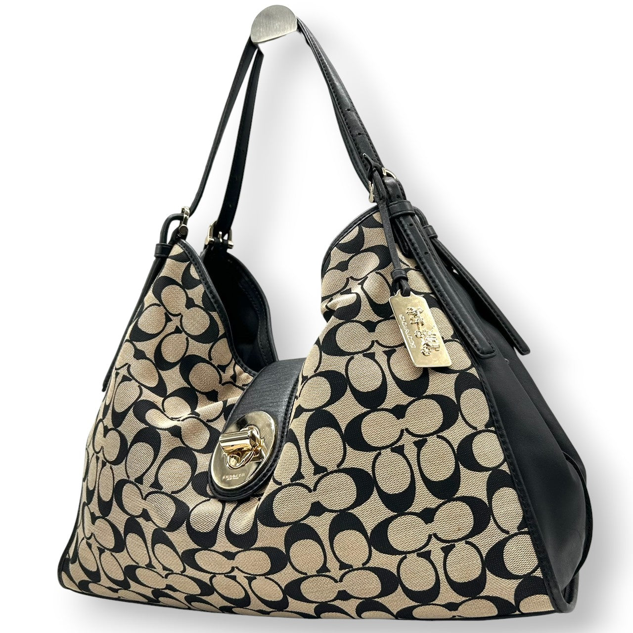 コーチ ショルダーバッグ ハンドバッグ ワンショルダー ホーボー シグネチャー キャンバス レザー 本革 ブラック ベージュ ターンロック A4可 大容量 肩掛け ハンドル調節可 レディース 通勤 通学 ビジネス エレガント COACH 32907 s82