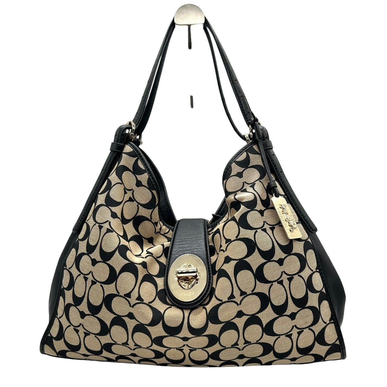 コーチ ショルダーバッグ ハンドバッグ ワンショルダー ホーボー シグネチャー キャンバス レザー 本革 ブラック ベージュ ターンロック A4可 大容量 肩掛け ハンドル調節可 レディース 通勤 通学 ビジネス エレガント COACH 32907 s82