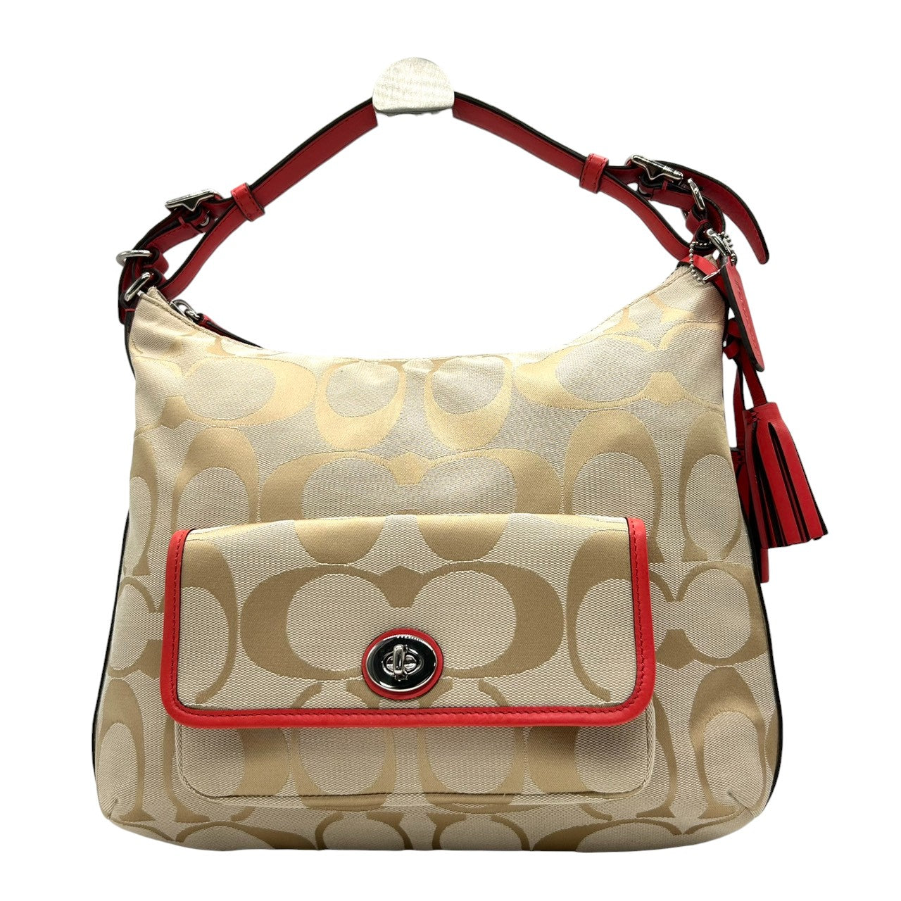 【極美品】コーチ レガシー 2WAY ショルダーバッグ シグネチャー キャンバス レザー 本革 ベージュ ゴールド レッド タッセル ターンロック 斜め掛け 肩掛け レディース 未使用級 エレガント フェミニン 大人可愛い COACH 22392 s82