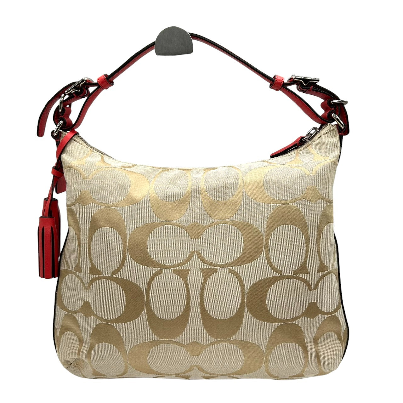 【極美品】コーチ レガシー 2WAY ショルダーバッグ シグネチャー キャンバス レザー 本革 ベージュ ゴールド レッド タッセル ターンロック 斜め掛け 肩掛け レディース 未使用級 エレガント フェミニン 大人可愛い COACH 22392 s82