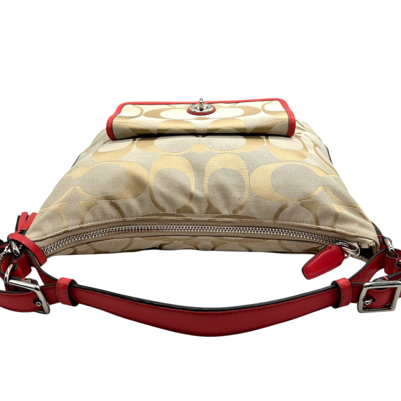 【極美品】コーチ レガシー 2WAY ショルダーバッグ シグネチャー キャンバス レザー 本革 ベージュ ゴールド レッド タッセル ターンロック 斜め掛け 肩掛け レディース 未使用級 エレガント フェミニン 大人可愛い COACH 22392 s82