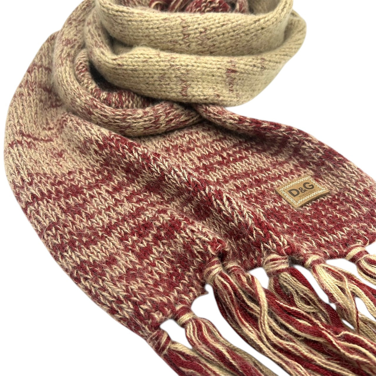 【美品】D&G ドルチェ＆ガッバーナ マフラー ストール ニット フリンジ付き ロゴパッチ ミックスニット レッド ホワイト系 バイカラー ローゲージウール メンズ レディース ユニセックス 防寒 秋冬 おしゃれ ファッション小物 高級 イタリア製 L