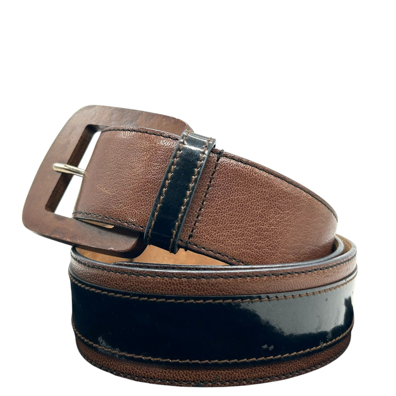 D&G ドルチェ＆ガッバーナ ベルト ワイドベルト レザー 本革 エナメル バイカラー ブラウン ブラック ウッド調バックル メンズ レディース ユニセックス カジュアル モード ファッション小物 高級 イタリア製 px-1