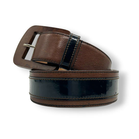 D&G ドルチェ＆ガッバーナ ベルト ワイドベルト レザー 本革 エナメル バイカラー ブラウン ブラック ウッド調バックル メンズ レディース ユニセックス カジュアル モード ファッション小物 高級 イタリア製 px-1