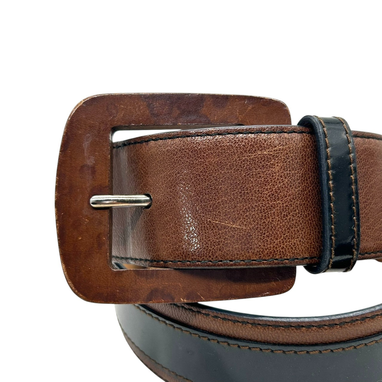 D&G ドルチェ＆ガッバーナ ベルト ワイドベルト レザー 本革 エナメル バイカラー ブラウン ブラック ウッド調バックル メンズ レディース ユニセックス カジュアル モード ファッション小物 高級 イタリア製 px-1