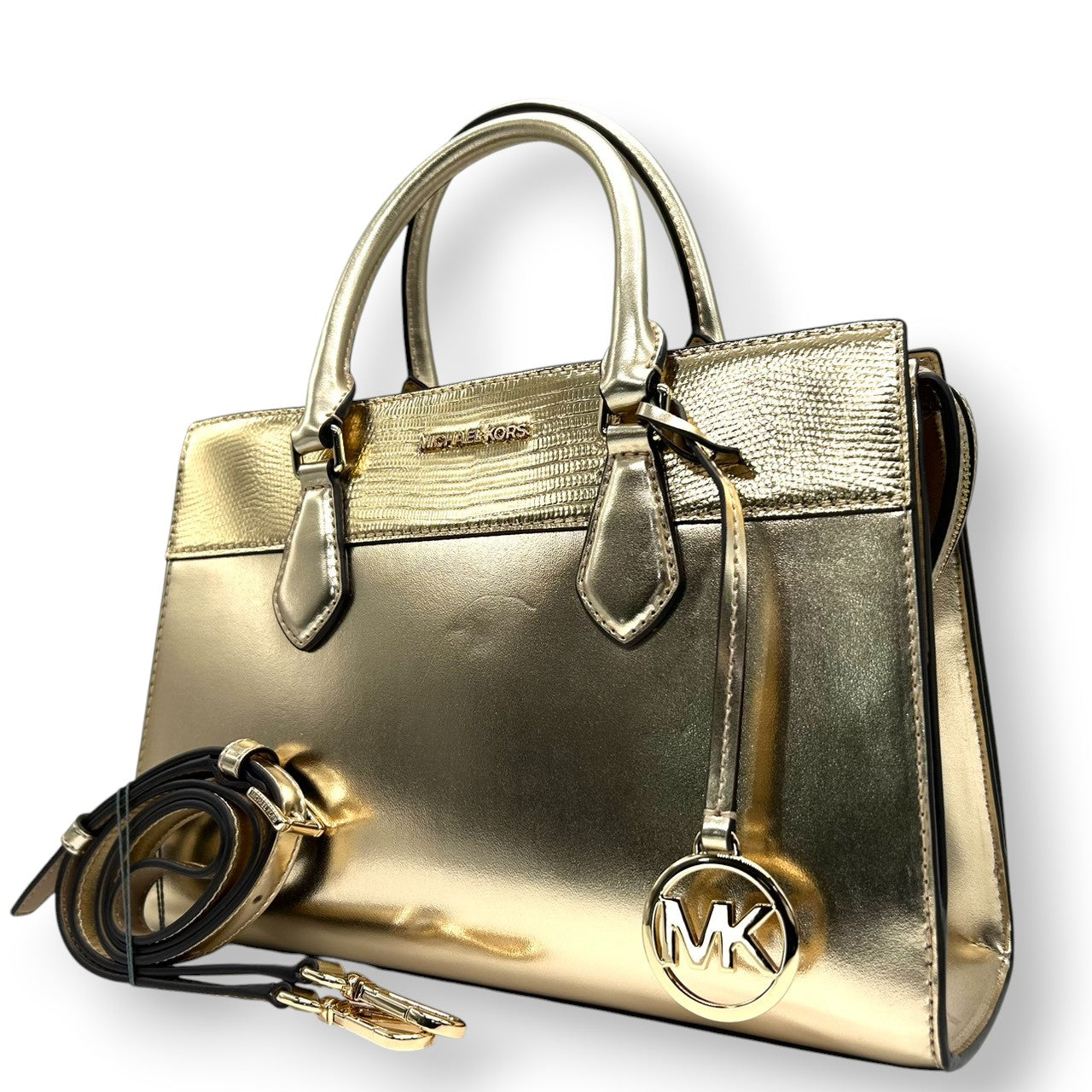 【美品】マイケルコース 2WAY ハンドバッグ ショルダーバッグ ゴールド PVC 型押しレザー エレガント MKロゴチャーム レディース 斜め掛け可 自立可 MICHAEL KORS 通勤通学 パーティバッグ ゴージャス サッチェル s34