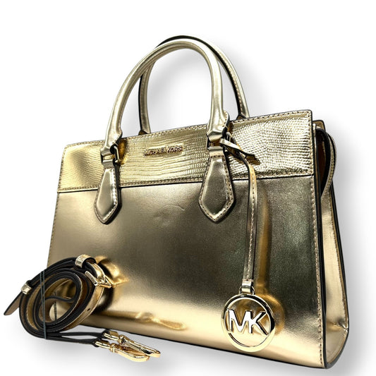 【美品】マイケルコース 2WAY ハンドバッグ ショルダーバッグ ゴールド PVC 型押しレザー エレガント MKロゴチャーム レディース 斜め掛け可 自立可 MICHAEL KORS 通勤通学 パーティバッグ ゴージャス サッチェル s34