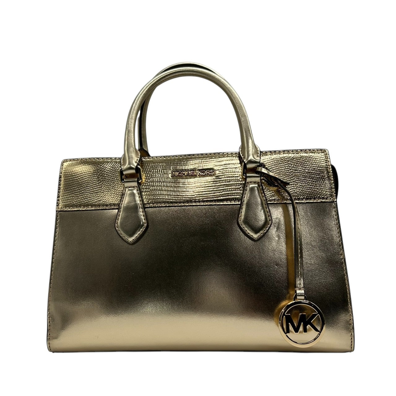 【美品】マイケルコース 2WAY ハンドバッグ ショルダーバッグ ゴールド PVC 型押しレザー エレガント MKロゴチャーム レディース 斜め掛け可 自立可 MICHAEL KORS 通勤通学 パーティバッグ ゴージャス サッチェル s34