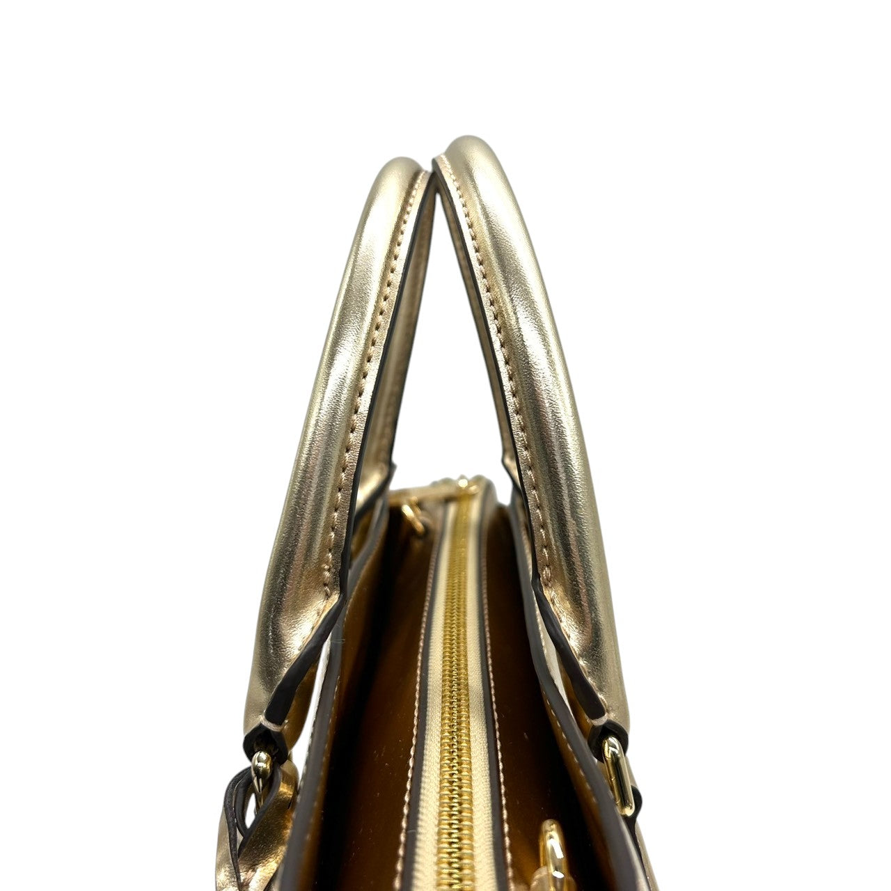 【美品】マイケルコース 2WAY ハンドバッグ ショルダーバッグ ゴールド PVC 型押しレザー エレガント MKロゴチャーム レディース 斜め掛け可 自立可 MICHAEL KORS 通勤通学 パーティバッグ ゴージャス サッチェル s34