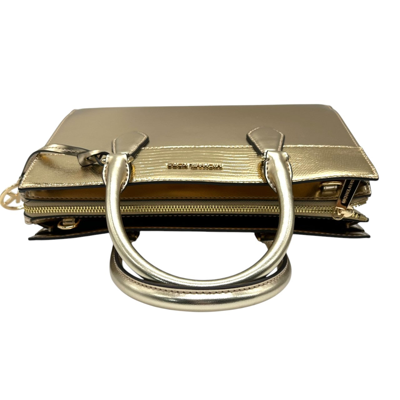 【美品】マイケルコース 2WAY ハンドバッグ ショルダーバッグ ゴールド PVC 型押しレザー エレガント MKロゴチャーム レディース 斜め掛け可 自立可 MICHAEL KORS 通勤通学 パーティバッグ ゴージャス サッチェル s34