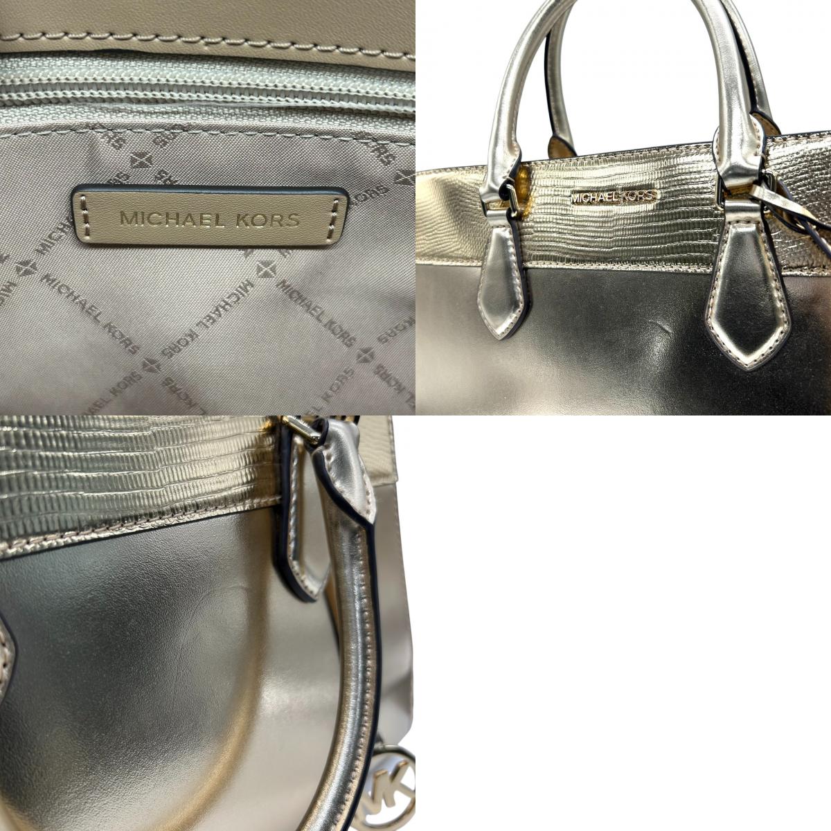 【美品】マイケルコース 2WAY ハンドバッグ ショルダーバッグ ゴールド PVC 型押しレザー エレガント MKロゴチャーム レディース 斜め掛け可 自立可 MICHAEL KORS 通勤通学 パーティバッグ ゴージャス サッチェル s34
