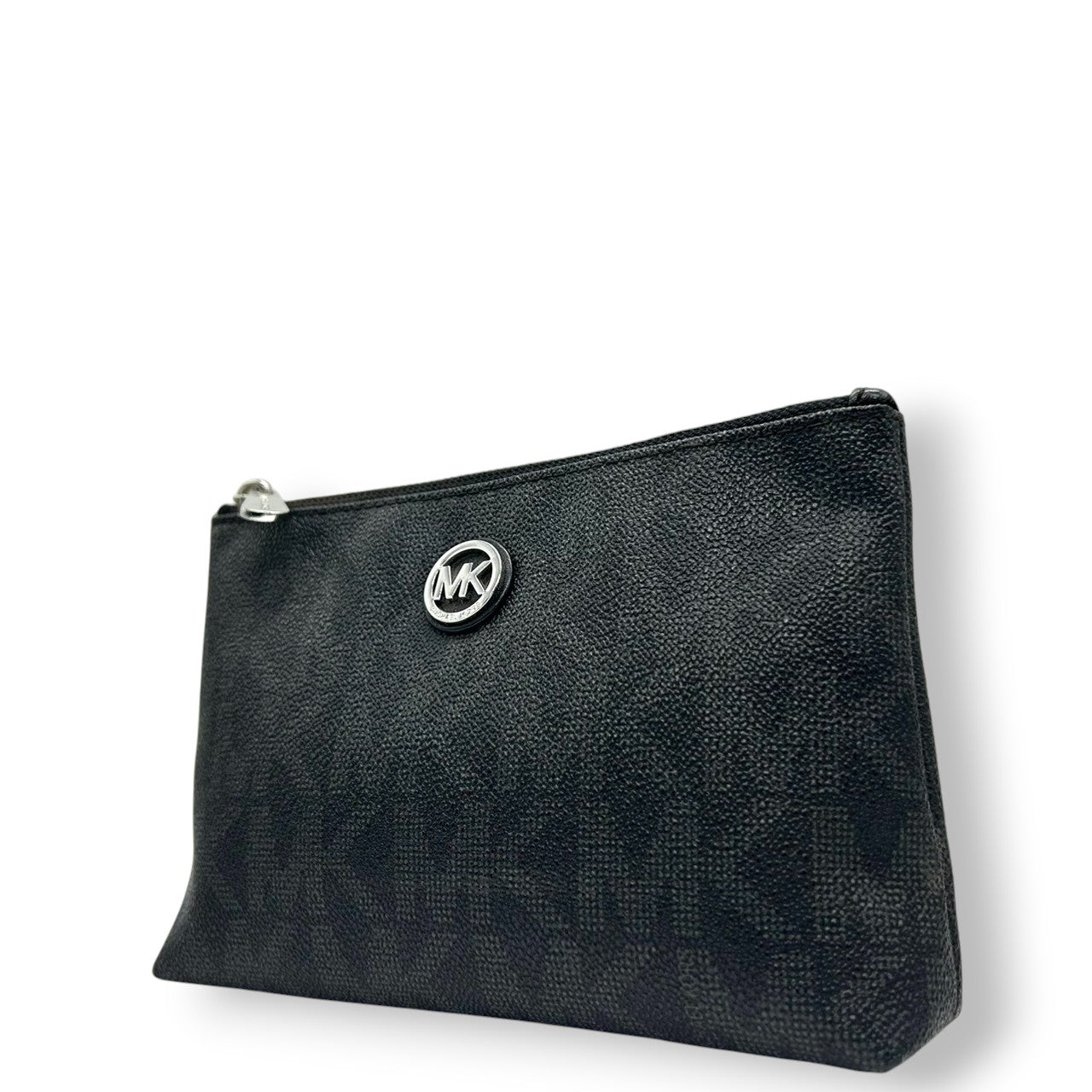 【未使用級／美品】マイケルコース シグネチャー ポーチ ブラック PVC MKロゴプレート 化粧ポーチ コスメポーチ 小物入れ トラベルポーチ 総柄 レディース MICHAEL KORS エレガント スタイリッシュ トップジップ w2