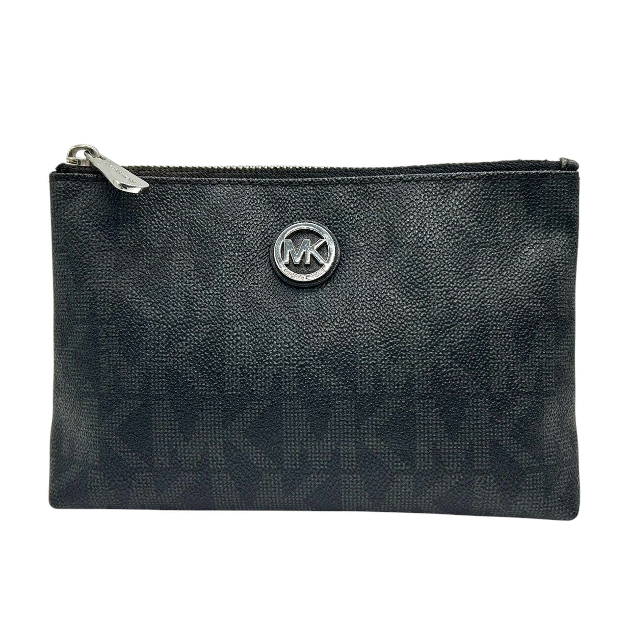 【未使用級／美品】マイケルコース シグネチャー ポーチ ブラック PVC MKロゴプレート 化粧ポーチ コスメポーチ 小物入れ トラベルポーチ 総柄 レディース MICHAEL KORS エレガント スタイリッシュ トップジップ w2