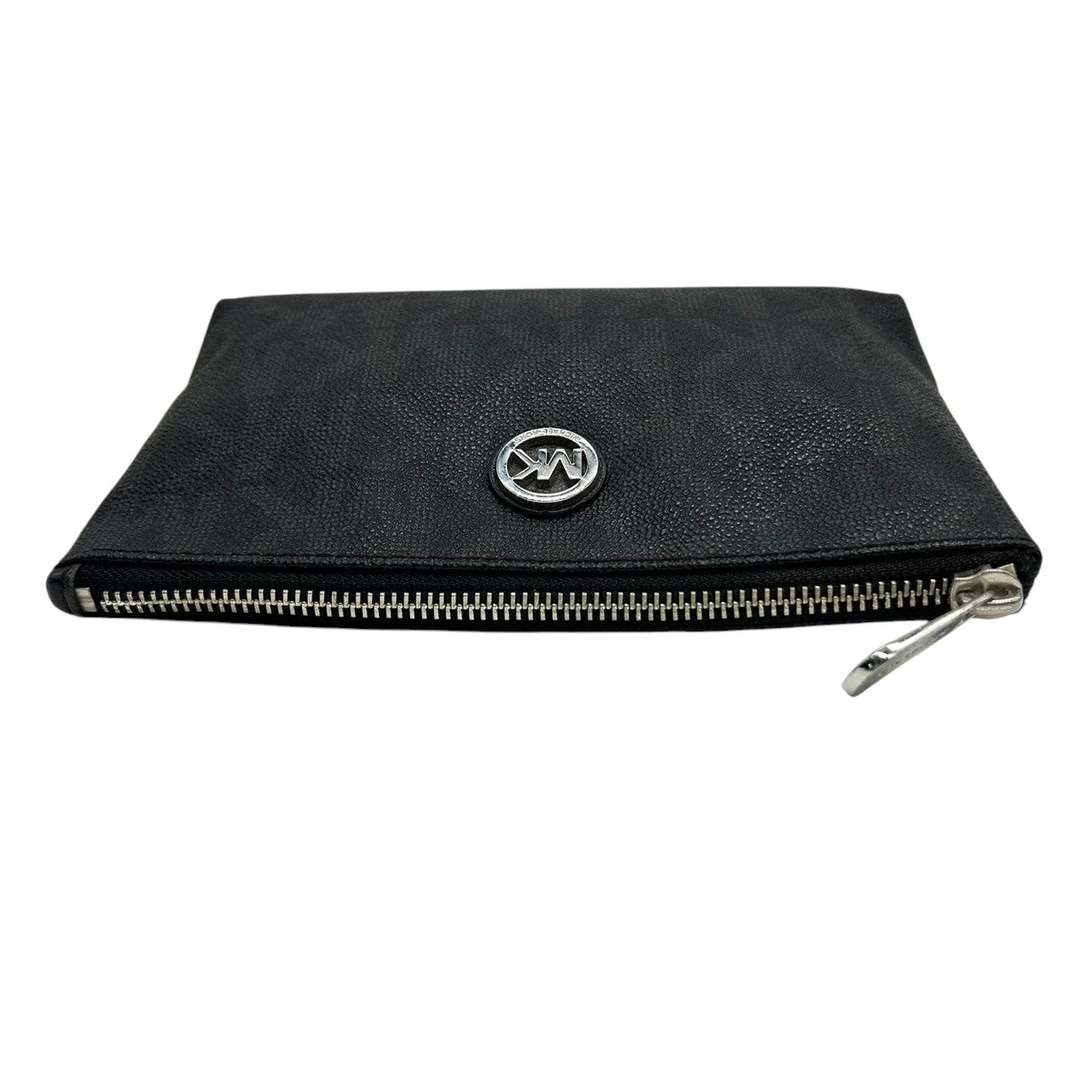 【未使用級／美品】マイケルコース シグネチャー ポーチ ブラック PVC MKロゴプレート 化粧ポーチ コスメポーチ 小物入れ トラベルポーチ 総柄 レディース MICHAEL KORS エレガント スタイリッシュ トップジップ w2