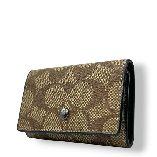 【美品】コーチ 5連 キーケース シグネチャー Cロゴ 総柄 PVC レザー ブラウン ブラック メンズ レディース 男女兼用 コンパクト COACH クラシック 定番 人気モデル キーホルダー キーリング 三つ折り スナップ開閉 w2