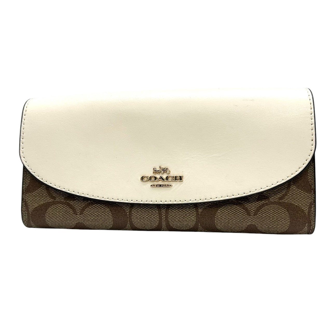 【美品】コーチ 長財布 フラップウォレット シグネチャー PVC レザー ブラウン ホワイト レディース COACH Cロゴ エレガント フェミニン 大容量 カード収納豊富 スナップボタン開閉 クラシック バイカラーデザイン w2